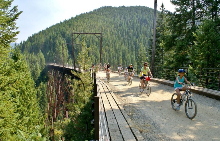 Several people riding bikes across a trestle on the Route of the Hiawatha surrounded by a large forest of tall trees.
