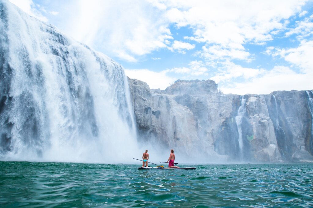Paddleboarders below Shoshone Falls in Twin Falls